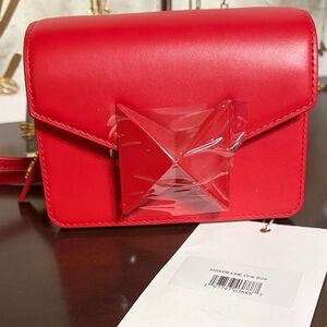 Mac Duggal Red Pyramid-Stud Leather Crossbody